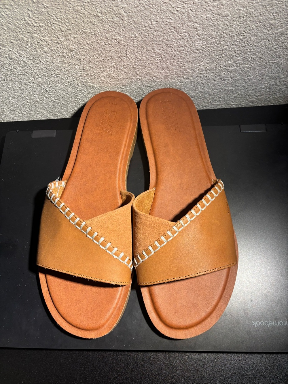 Toms Tan Leather Slide Sandals with White Stitching